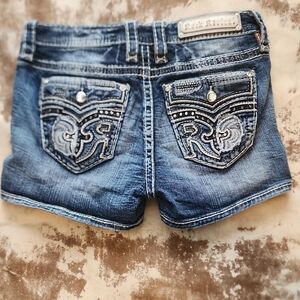Rock Revival Blue Denim Shorts with Embroidery. Size: 29